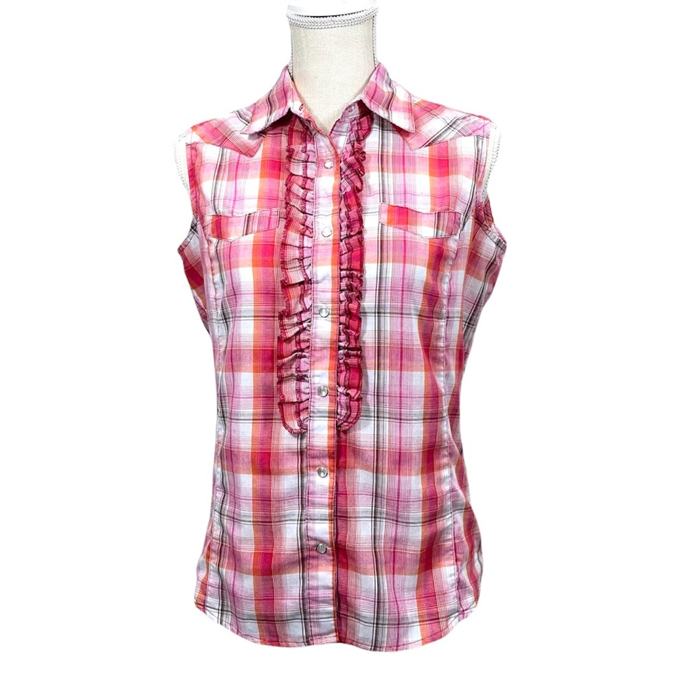 WRANGLER Plaid Women’s Fitted Sleeveless Snap Button Down Shirt Size Small
